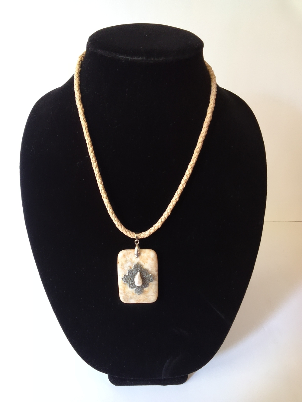 Braided Beige Leather Necklace with Stone Pendant